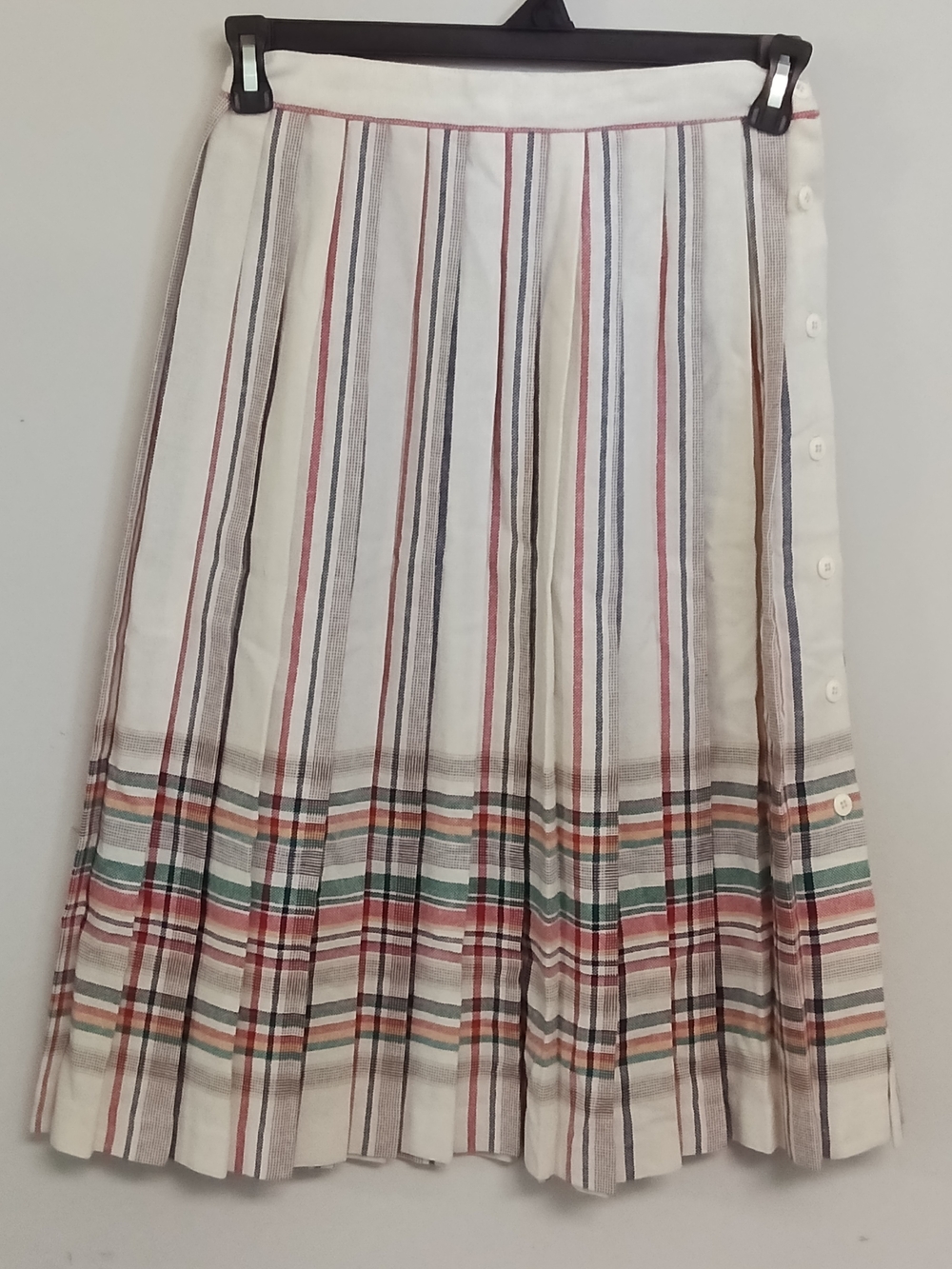 Vintage G.J. Forbes Wool Blend Ivory Tartan Plaid Pleated Button Midi Skirt SM